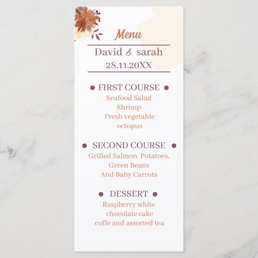 Rustiek bruin bruiloft diner menu (Voorkant)