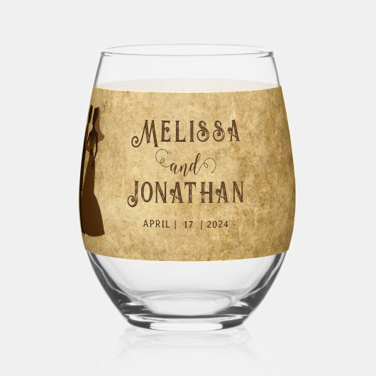 rustiek bruin bruiloft paar wijnglas zonder voet (Achterkant)