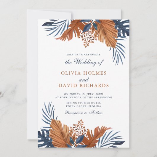Rustiek Bruin en Midnight Blue Bladeren Bruiloft Kaart (Voorkant)