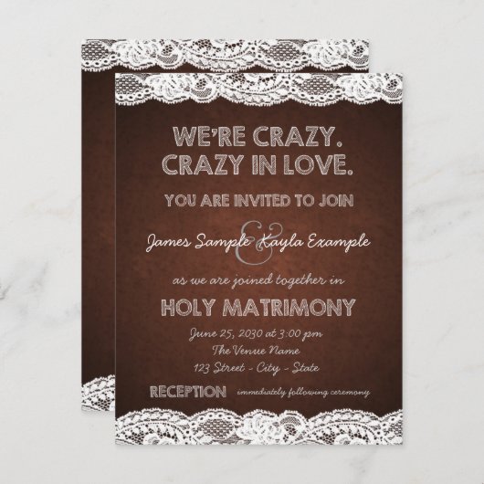 Rustiek Bruin en Witte kant bruiloft Kaart (Voorkant / Achterkant)