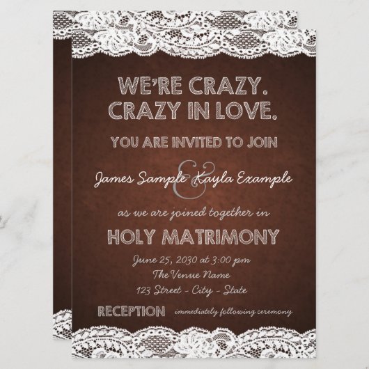 Rustiek Bruin en Witte kant bruiloft Kaart (Voorkant / Achterkant)