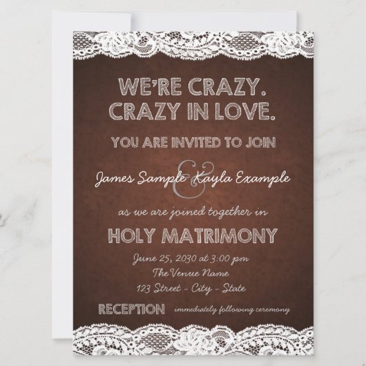 Rustiek Bruin en Witte kant bruiloft Kaart (Voorkant)