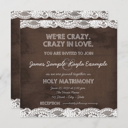 Rustiek Bruin en Witte kant bruiloft Kaart (Voorkant / Achterkant)