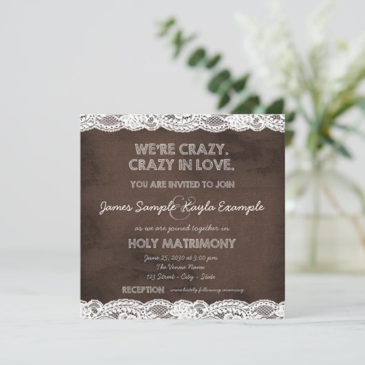 Rustiek Bruin en Witte kant bruiloft Kaart (Staand voorkant)