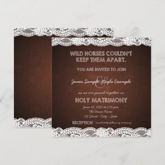 Rustiek Bruin en Witte kant Country Wedding Kaart (Voorkant / Achterkant)