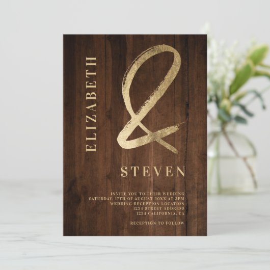 Rustiek bruin goud ampers en namen foto bruiloft kaart (Staand voorkant)