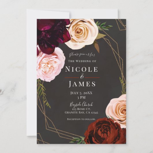 Rustiek Bruin & Goud Modern Donker Bloemen Bruilof Kaart (Voorkant)