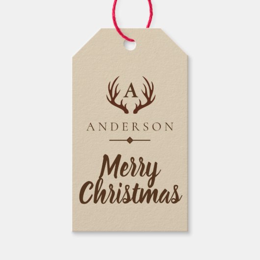 Rustiek Bruin Hertengewei & Familienaam Kerstmis Cadeaulabel (Voorkant)