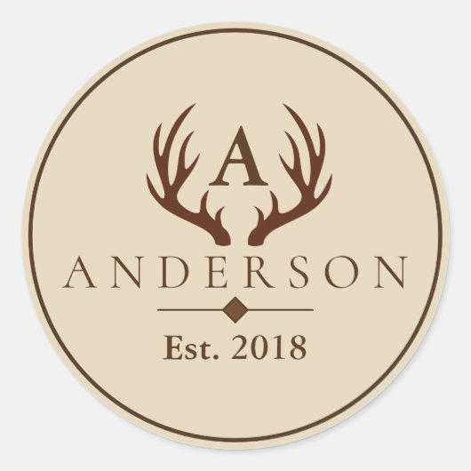 Rustiek Bruin Hertengewei & Familienaam Ronde Sticker (Voorkant)