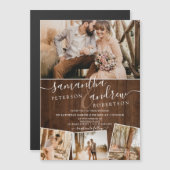 Rustiek bruin hout chic script 4 foto's bruiloft magnetische uitnodiging (Voorkant / Achterkant)