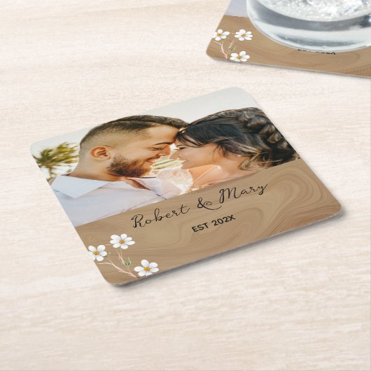 Rustiek Bruin Hout Custom Foto Bruiloft Onderzette Kartonnen Onderzetters (Schuin)