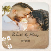 Rustiek Bruin Hout Custom Foto Bruiloft Onderzette Kartonnen Onderzetters (Voorkant)