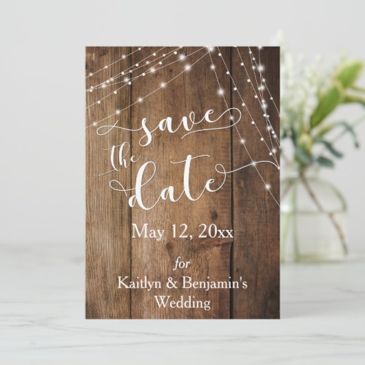 Rustiek Bruin Hout, Lichte Koorden sparen de Datum Save The Date (Staand voorkant)