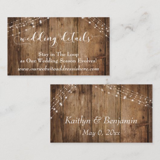 Rustiek Bruin Hout & Lichten Bruiloft Details Informatiekaartje (Voorkant / Achterkant)