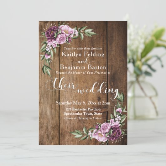 Rustiek Bruin Hout Roze Pioenen Boeket Bruiloft Kaart (Staand voorkant)