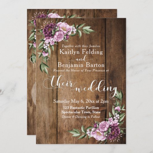 Rustiek Bruin Hout Roze Pioenen Boeket Bruiloft Kaart (Voorkant / Achterkant)