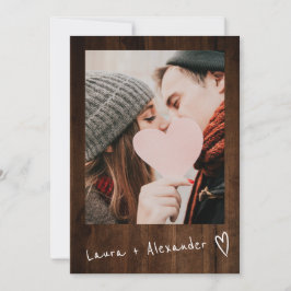 Rustiek bruin hout script hart 2 foto's bruiloft kaart