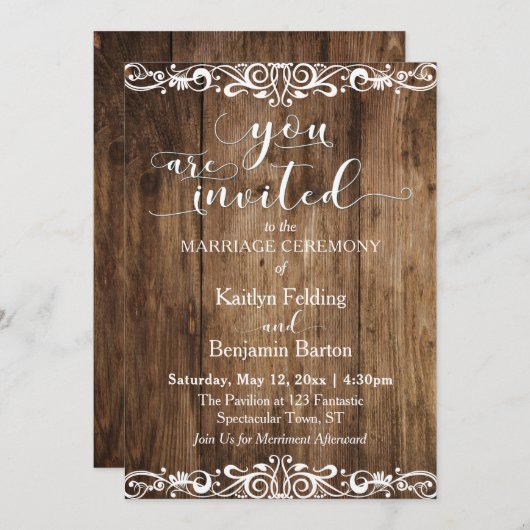 Rustiek Bruin Hout, Scrollwork, Typografie Huwelij Kaart (Voorkant / Achterkant)