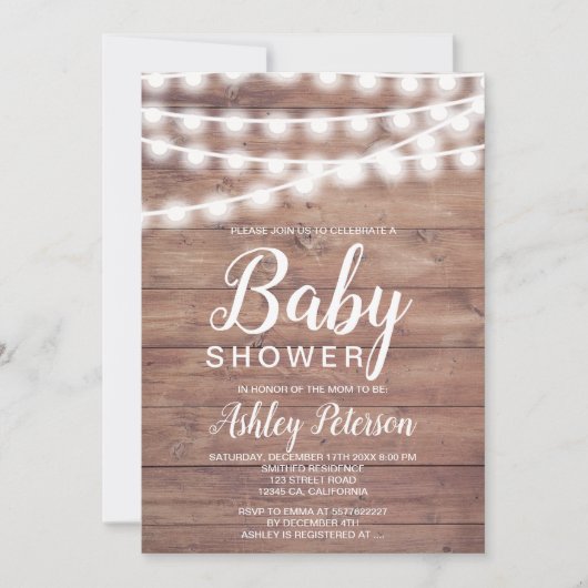 Rustiek bruin hout string lichten baby shower kaart (Voorkant)