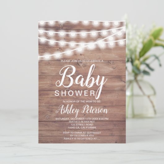 Rustiek bruin hout string lichten baby shower kaart (Staand voorkant)