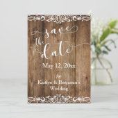 Rustiek Bruin Hout w / Scrollwork Save the Date (Staand voorkant)