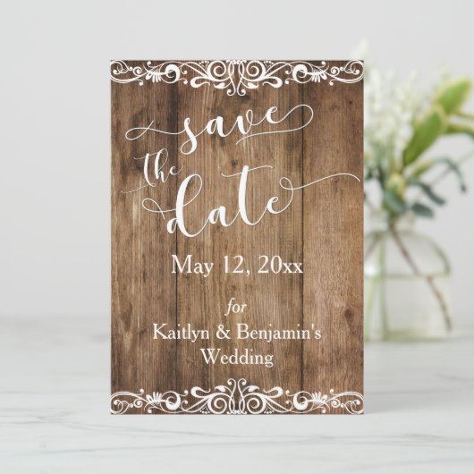 Rustiek Bruin Hout w / Scrollwork Save the Date (Staand voorkant)
