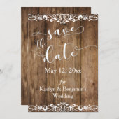 Rustiek Bruin Hout w / Scrollwork Save the Date (Voorkant / Achterkant)