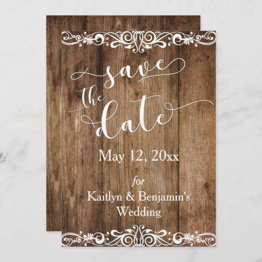 Rustiek Bruin Hout w / Scrollwork Save the Date (Voorkant / Achterkant)