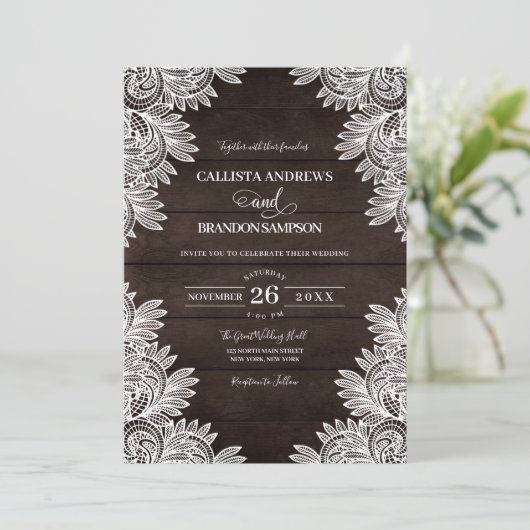 Rustiek Bruin Hout Wit Kant Land Bruiloft Kaart (Staand voorkant)