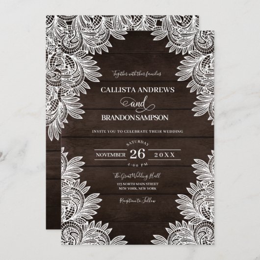 Rustiek Bruin Hout Wit Kant Land Bruiloft Kaart (Voorkant / Achterkant)