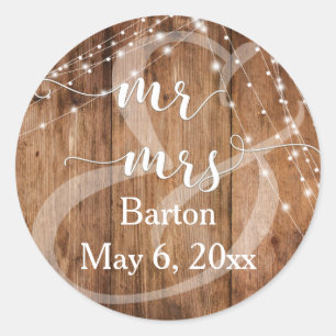 Rustiek bruin hout, wit licht snaren Mr. & Mrs Ronde Sticker