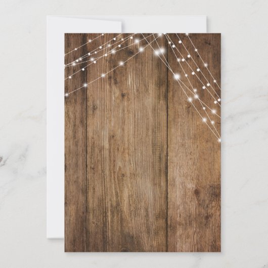 Rustiek Bruin Hout, Wit Licht Strings Bruiloft Kaart (Achterkant)