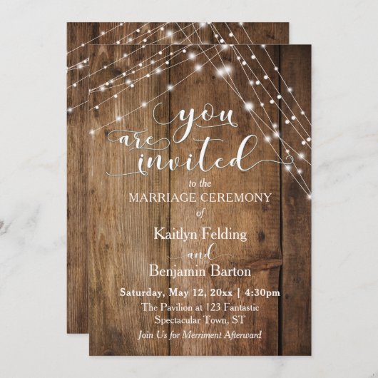 Rustiek Bruin Hout, Wit Licht Strings Bruiloft Kaart (Voorkant / Achterkant)
