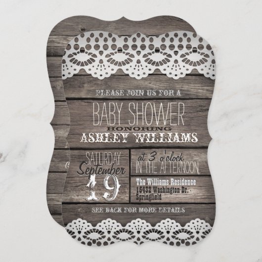 Rustiek Bruin Hout & Witte kant Baby shower Kaart (Voorkant / Achterkant)