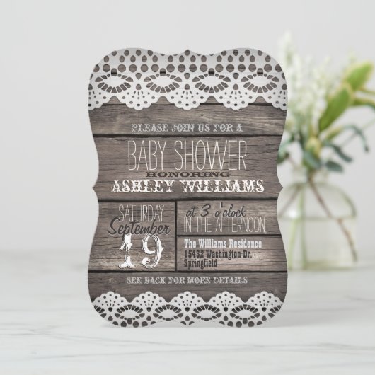 Rustiek Bruin Hout & Witte kant Baby shower Kaart (Staand voorkant)