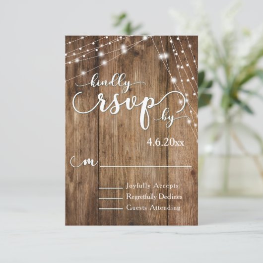 Rustiek Bruin Hout, Witte Lichte Koorden RSVP Kaartje (Staand voorkant)