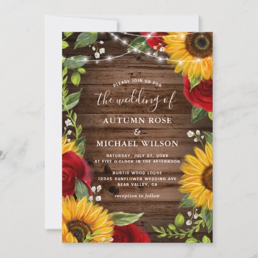 Rustiek Bruin Hout Zonnebloem en Rode Roos Huwelij Kaart (Voorkant)