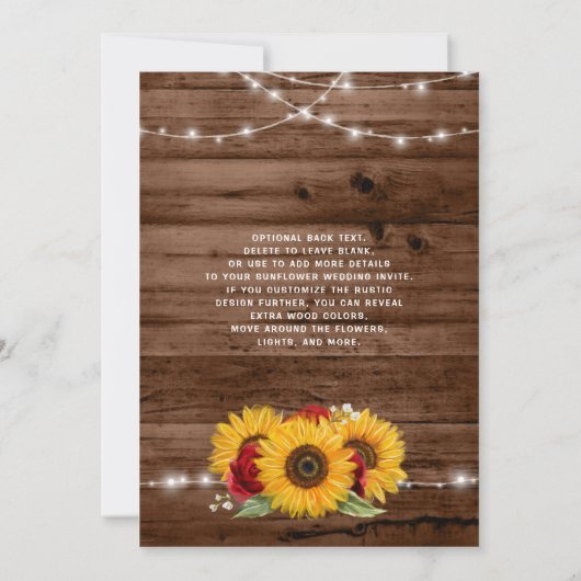 Rustiek Bruin Hout Zonnebloem en Rode Roos Huwelij Kaart (Achterkant)