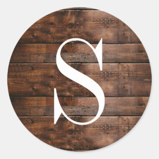 Rustiek Bruin Houten Textuur Monogram Ronde Sticker