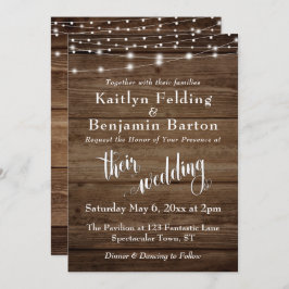 Rustiek Bruin Houten Witte Lichten & Script, Huwel Kaart