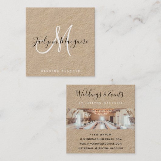 Rustiek bruin kraft papier elegant script monogram vierkante visitekaartje (Voorkant / Achterkant)