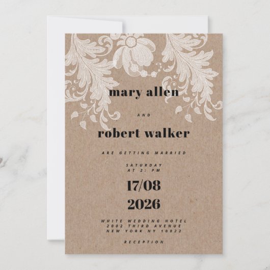 Rustiek bruin kraftpapier wit bloemenkant Bruiloft Kaart (Voorkant)