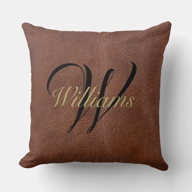 Rustiek Bruin Leather Look Monogrammed Sierkussen (Voorkant)