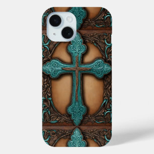 rustiek bruin leder western land kruis iPhone 15 case