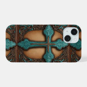 rustiek bruin leder western land kruis iPhone 15 case (Achterkant horizontaal)