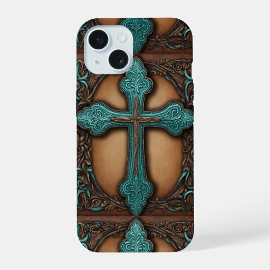 rustiek bruin leder western land kruis iPhone 15 case (Achterkant)