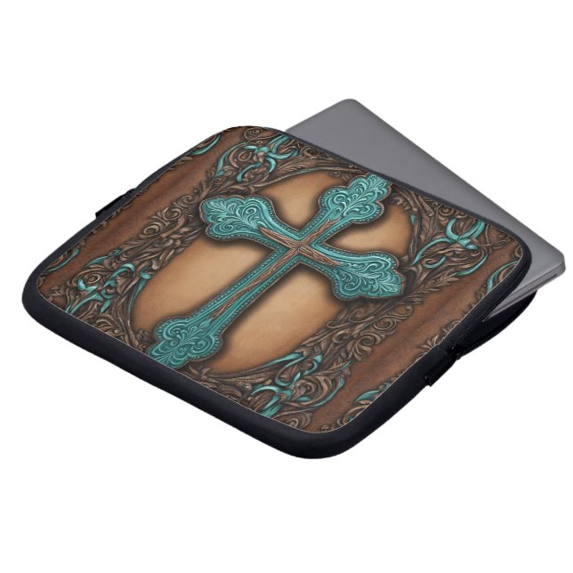 rustiek bruin leder western land kruis laptop sleeve (Voorkant top)