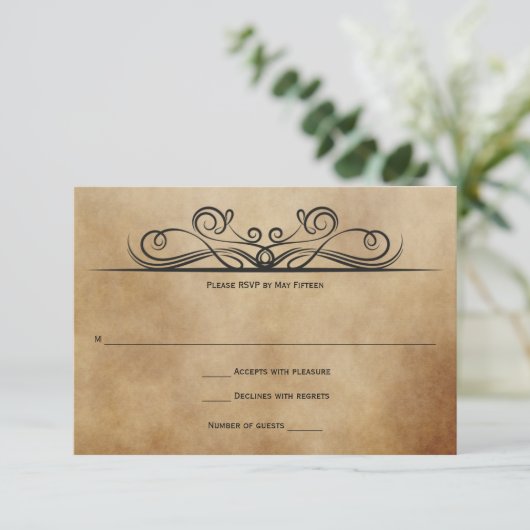 rustiek bruin met zwarte rollen RSVP Kaart (Staand voorkant)