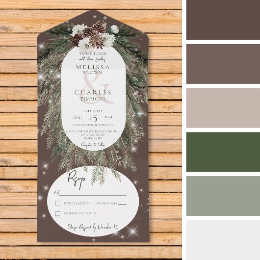 Rustiek Bruin Pine Winter Sparkle Geen Diner All In One Uitnodiging