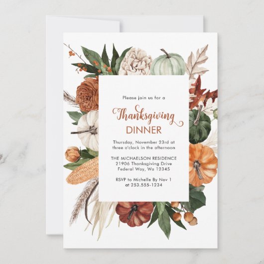 Rustiek Bruin Pompoen Thanksgiving Diner Kaart (Voorkant)